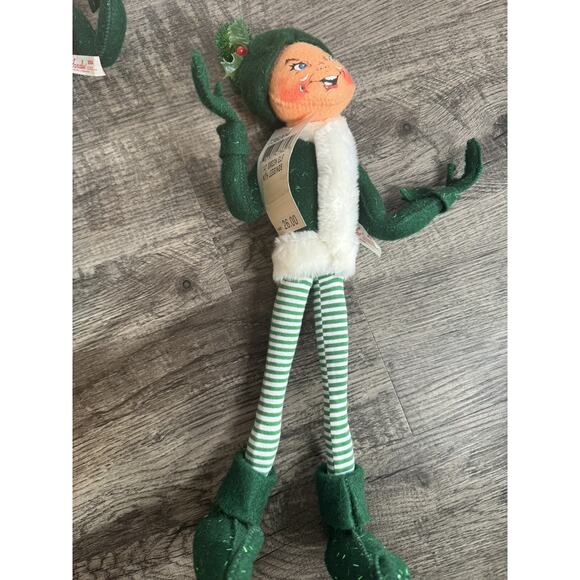 Vintage 2004 Annalee Green Elf W/Striped Pants 14” Set Of 2 Kitschy Christmas - Picture 15 of 16